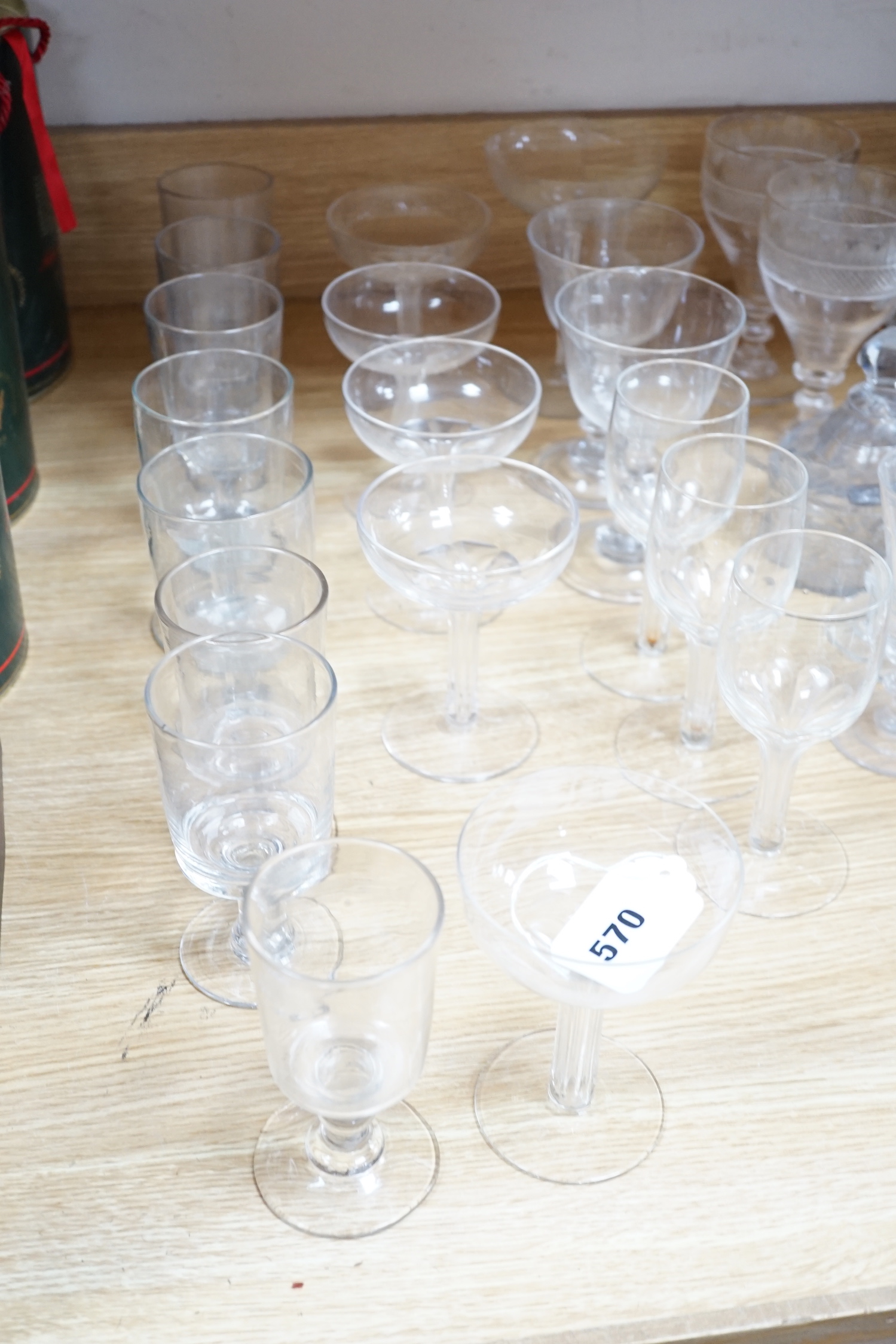 A group of 19th century and later glasses and a George III glass butter tub and cover